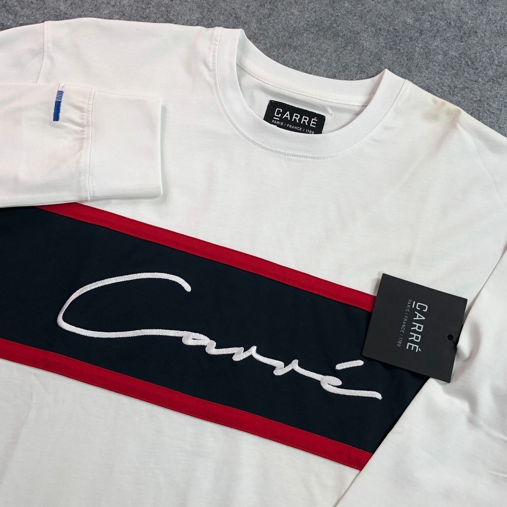 CARRÉ Mens Long Sleeve Shirt Large White Navy Red Script Logo Graphic NWT